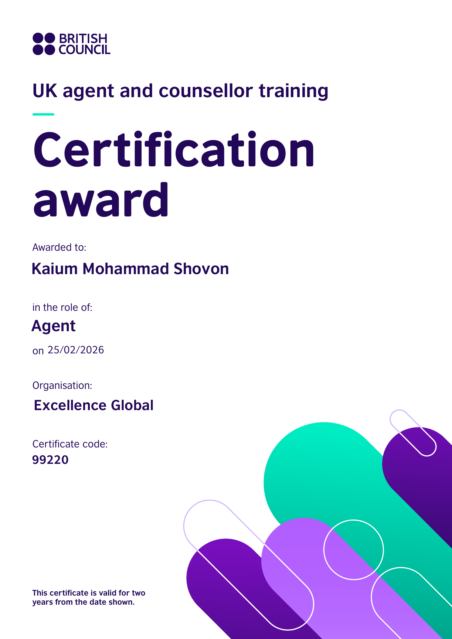 UK Agent and Counsellor Training certificate for Kaium Mohammad Shovon, number 99220